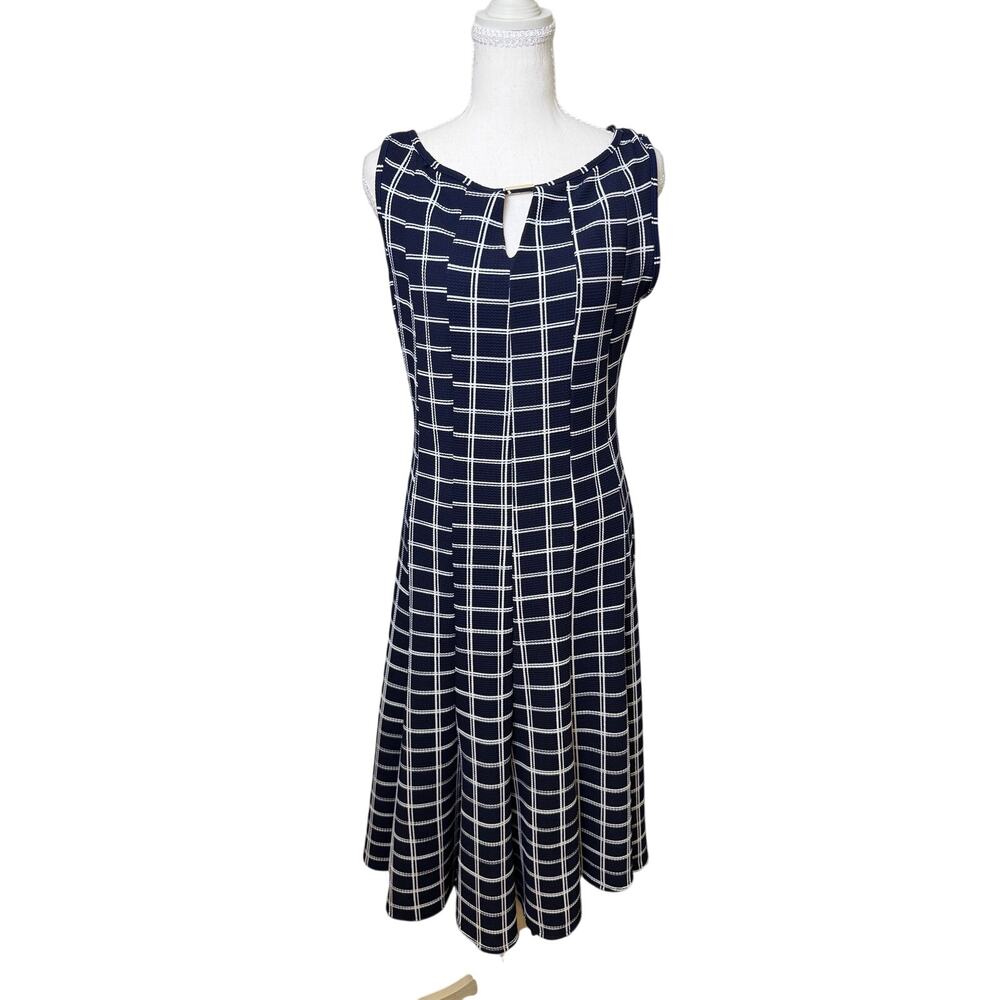 HAANI Navy White Windowpane Sleeveless Midi Dress Keyhole Stretch